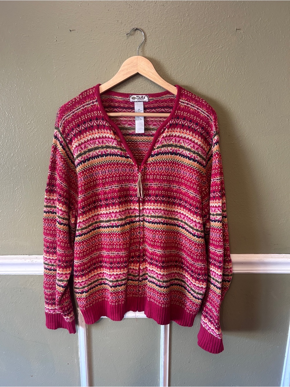 Red Fair Isle Zip-Front Women's Heritage Maximalist Cotton Ramie Sweater 2X